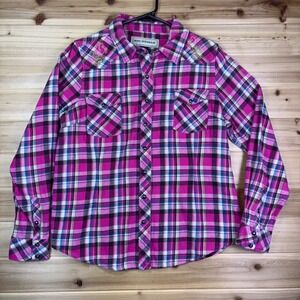 Bit & Bridle Shirt Womens Medium Pink Plaid Flannel Snap Embroidered Horse Top